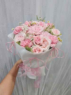 Bó hoa tươi tông màu hồng, bó hoa kiểu tròn, bó hoa sinh nhật, bó hoa tặng nữ, bó hoa chúc mừng của shop hoa tươi Tân An, Long An | tỉnh Tây Ninh BHT-116